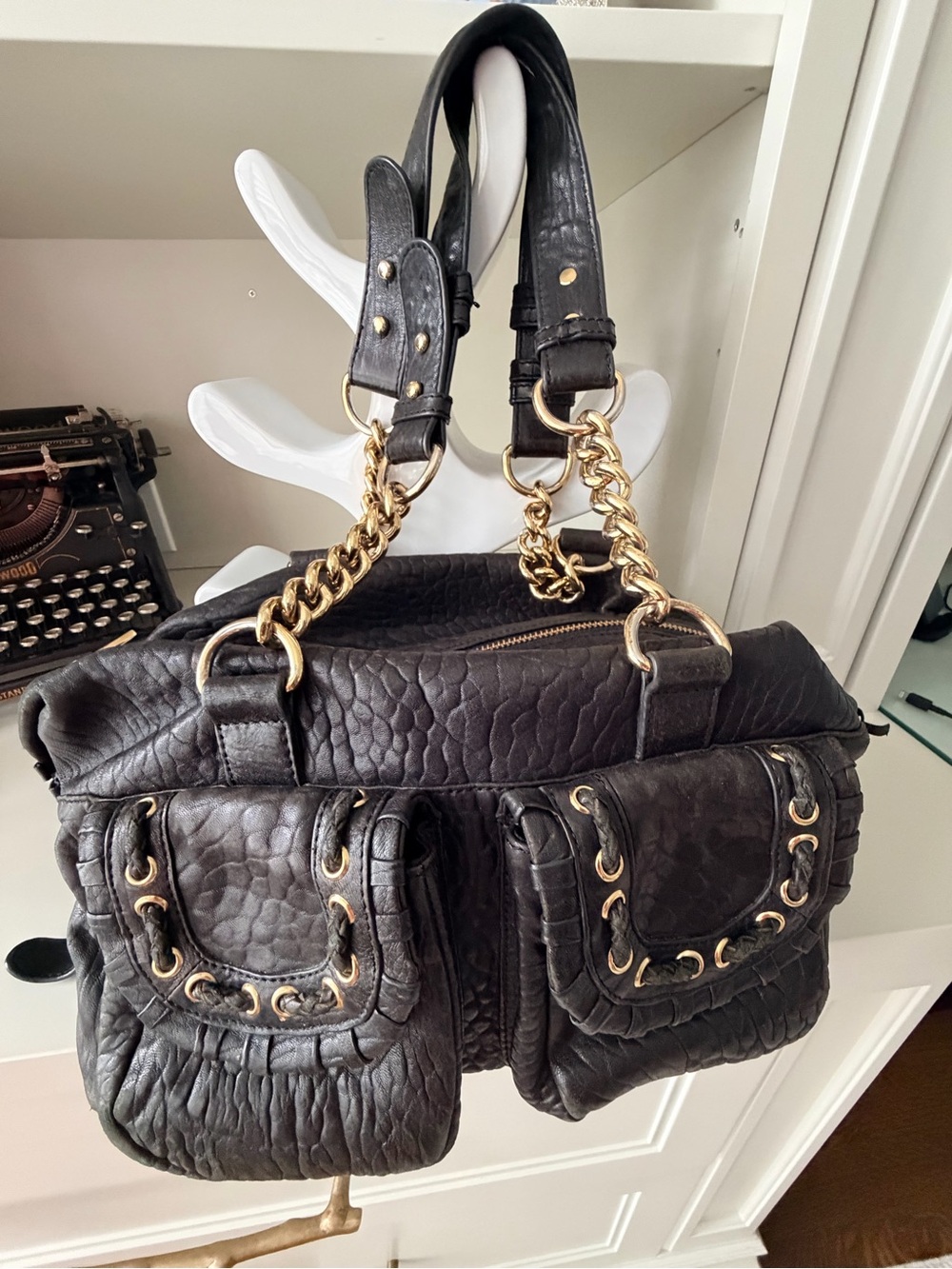 Y2K BADGLEY MISCHKA Pebbled Soft Leather Black Shoulder Chain Grommet Purse Bag